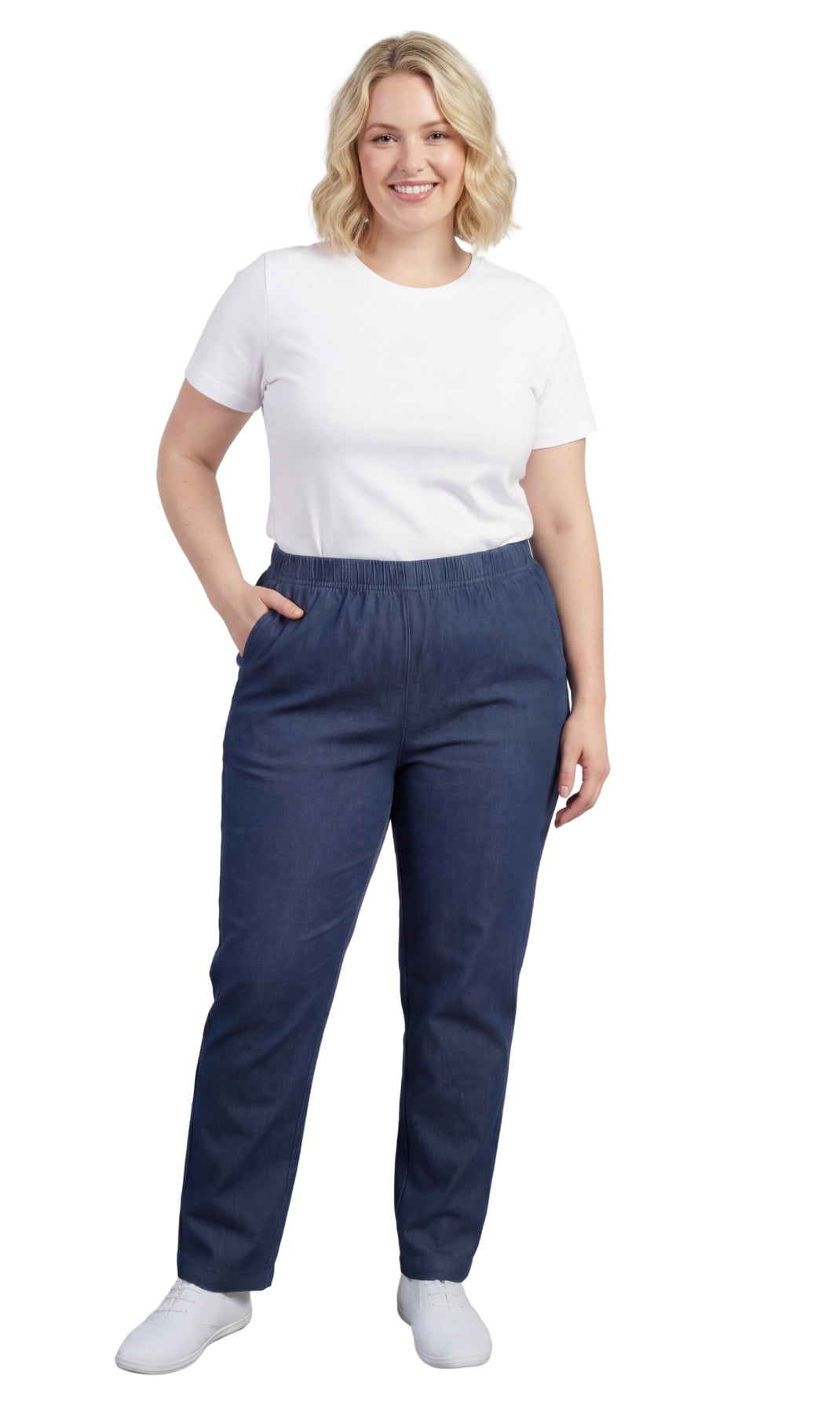 Woman wearing a white t-shirt and blue pants on a white background