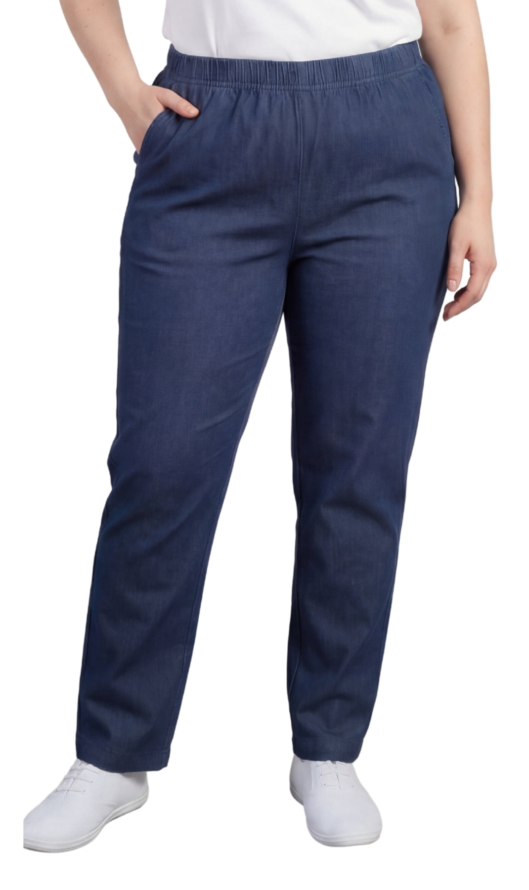 Turtle Bay New York Women's Lightweight Pull-On Denim Jeans with Elastic Waist Indigo Front