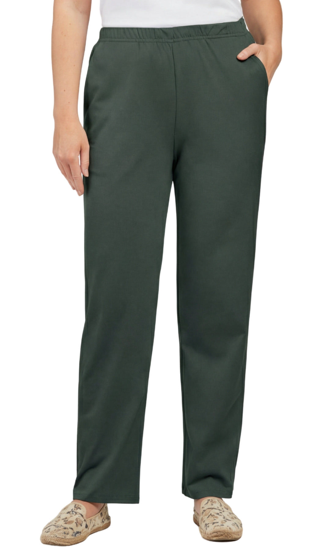 Turtle Bay New York Women's Knit Pull on Pants - Cotton Blend with Flat Front waistband green hunter  front