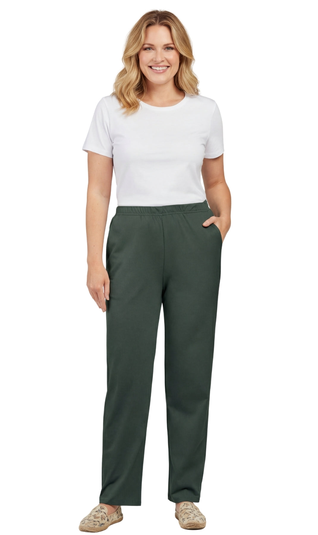 Turtle Bay New York Women's Knit Pull on Pants - Cotton Blend with Flat Front waistband green hunter  full