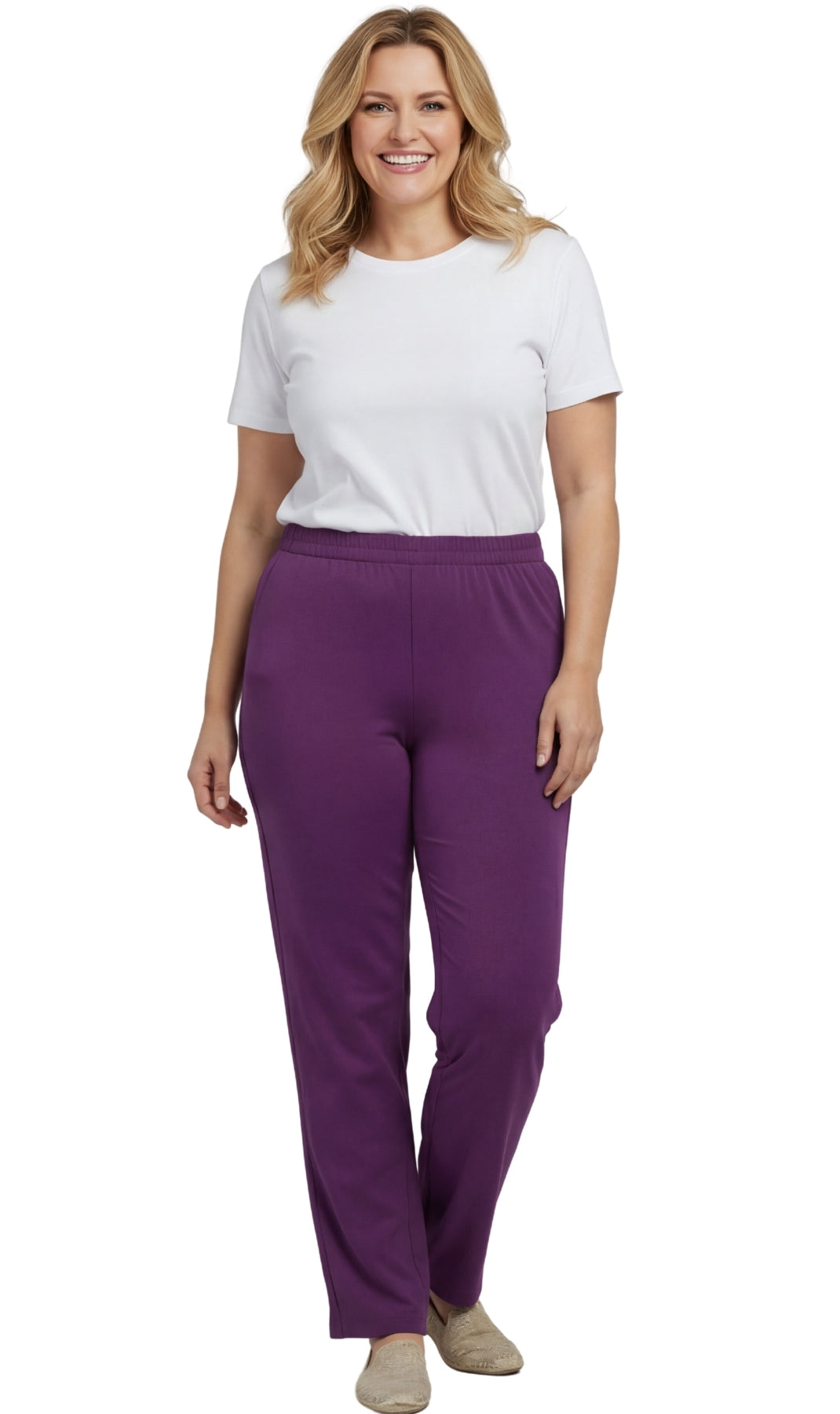 Turtle Bay New York Women's Knit Pull on Pants - Cotton Blend with Flat Front waistband deep purple full