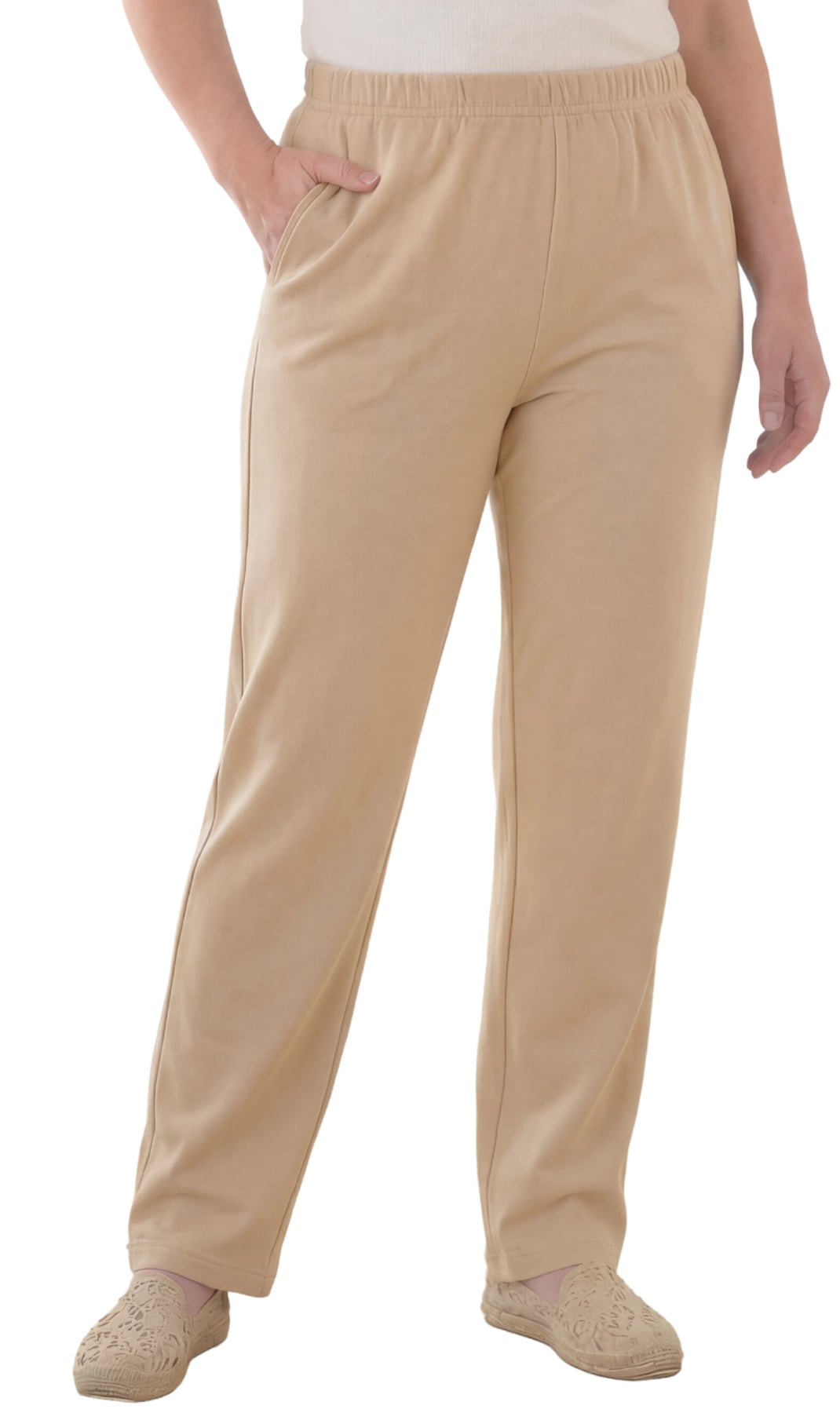 Turtle Bay New York Women's Knit Pull on Pants - Cotton Blend with Flat Front waistband tan front