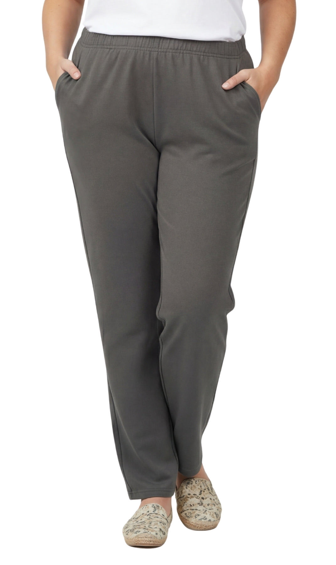 Turtle Bay New York Women's Knit Pull on Pants - Cotton Blend with Flat Front waistband charcoal front