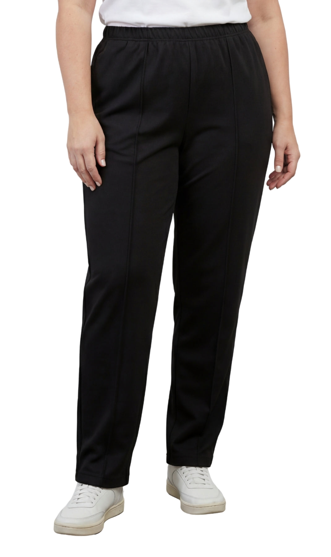 Turtle Bay New York Womens Classic Poly Knit Pants - Pull On Slacks with Elastic Waist Black Front