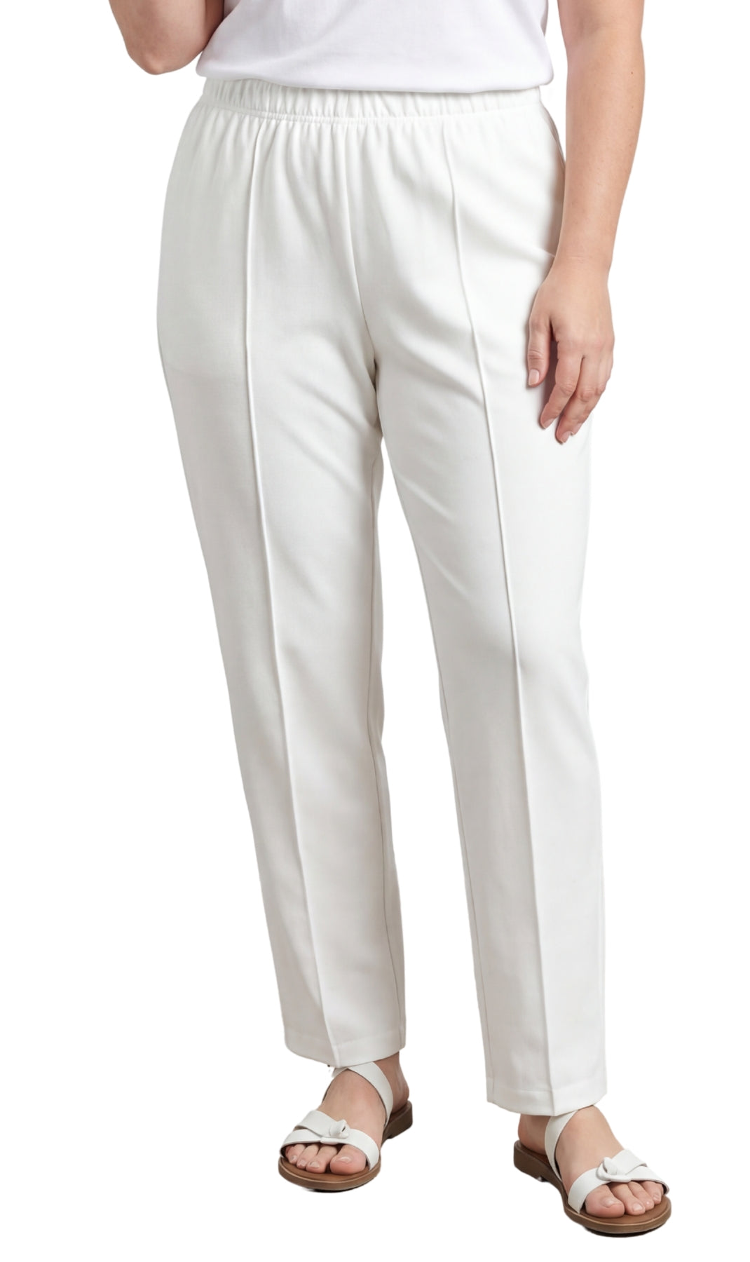 Turtle Bay New York Womens Classic Poly Knit Pants - Pull On Slacks with Elastic Waist white Front