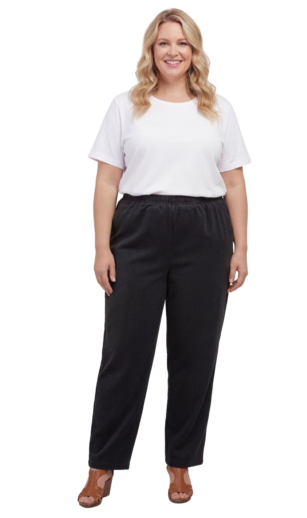 Turtle Bay New York Womens Pull On Fine Wale Corduroy Pants with soft-covered elastic waist black full