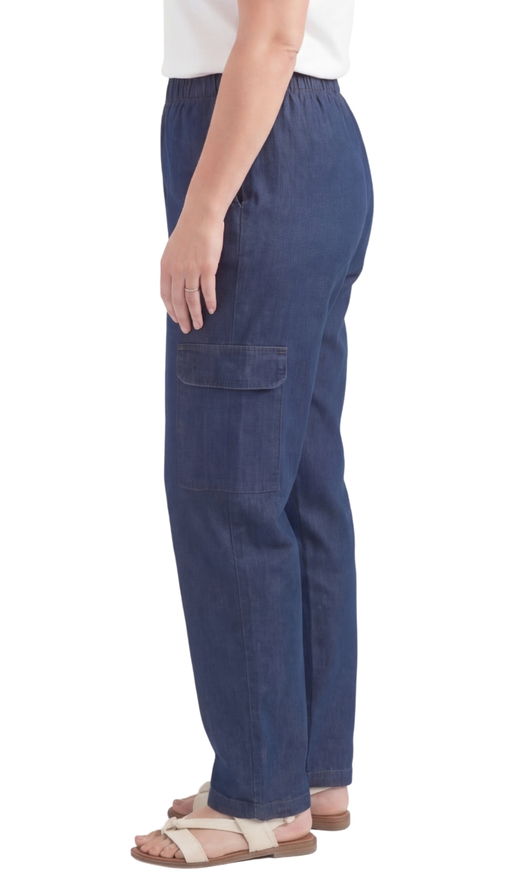 Turtle Bay New York Women's Lightweight Elastic Stretch Waist Casual Denim Pull-on Cargo Pants indigo side