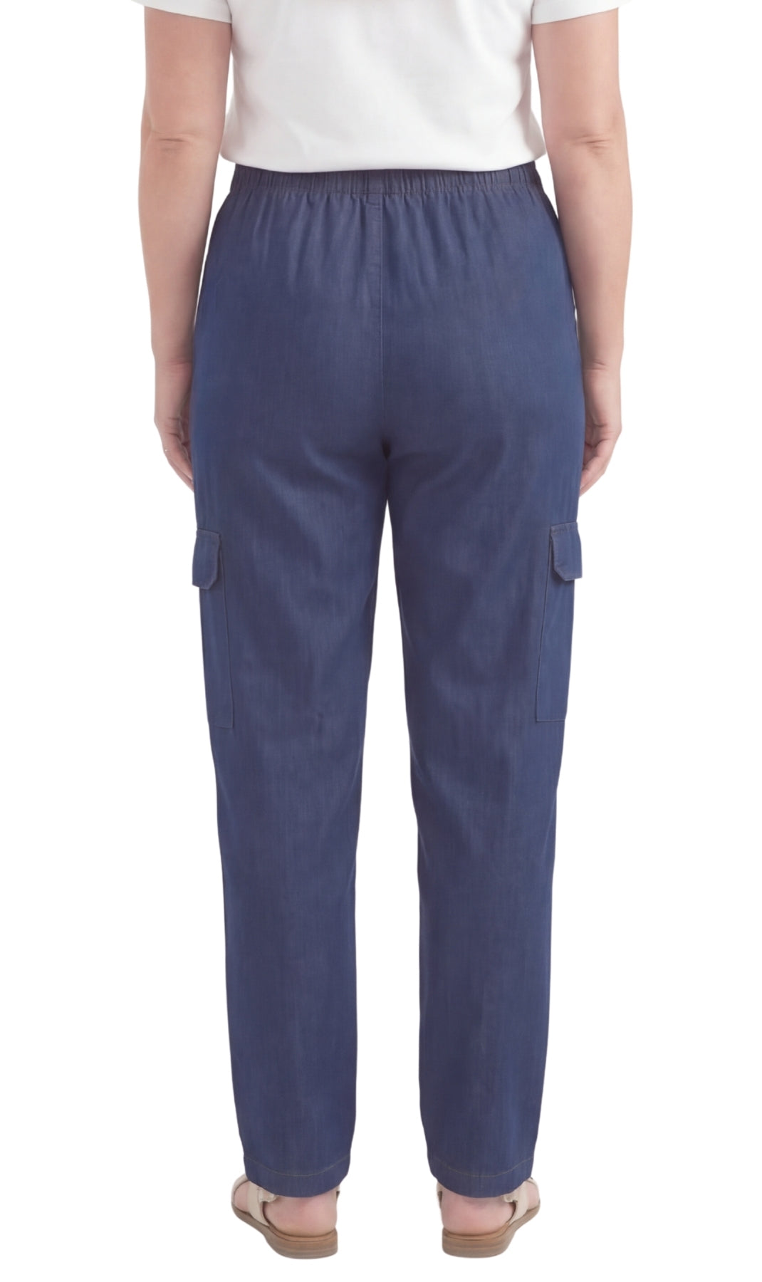 Turtle Bay New York Women's Lightweight Elastic Stretch Waist Casual Denim Pull-on Cargo Pants indigo back
