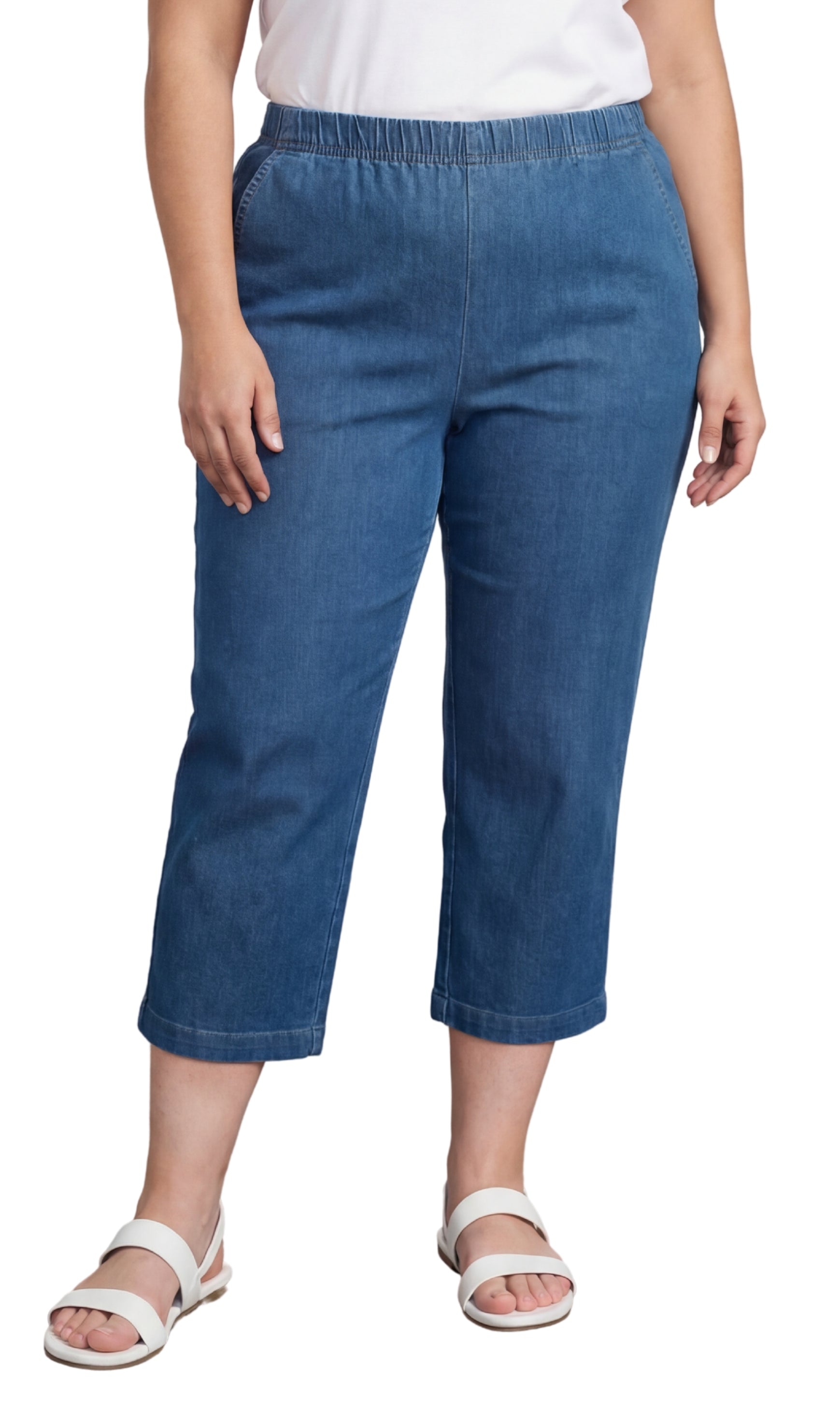 Turtle Bay New York Women’s Lightweight Stretch Denim Capri Pants – Comfortable Everyday Fit Med blue front