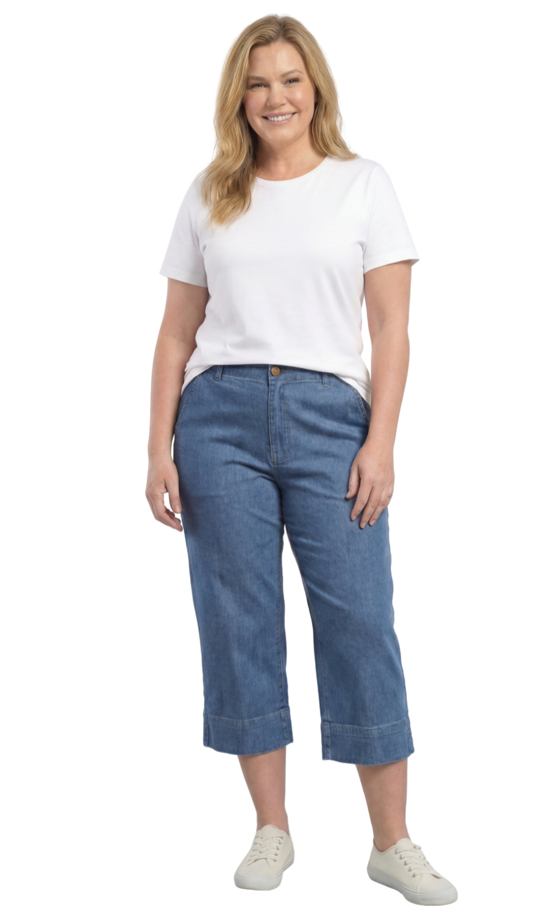 Turtle Bay New York Women’s Lightweight Straight Leg Casual Denim Capri Pants in Cotton Blend Fabric med blue full