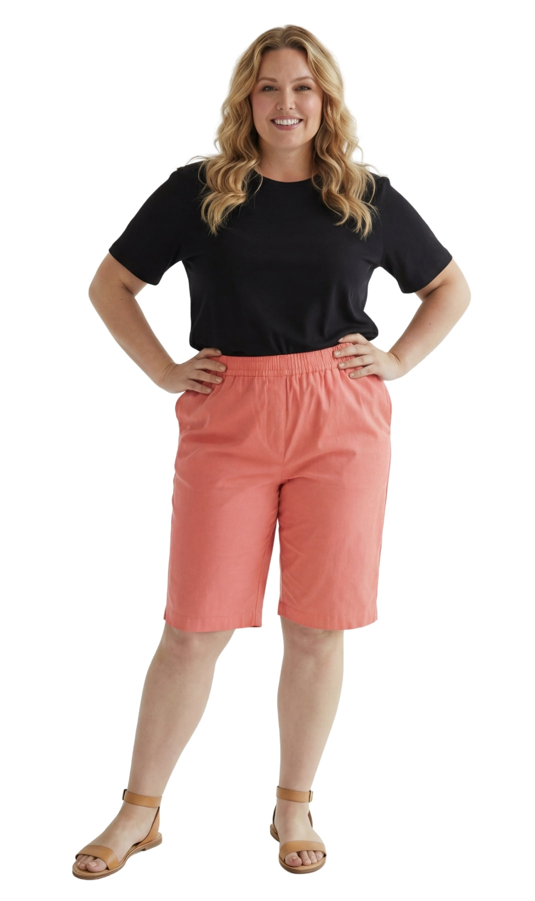Turtle Bay New York Women's Easy Pull on Bermuda Shorts in Denim and Twill coral full