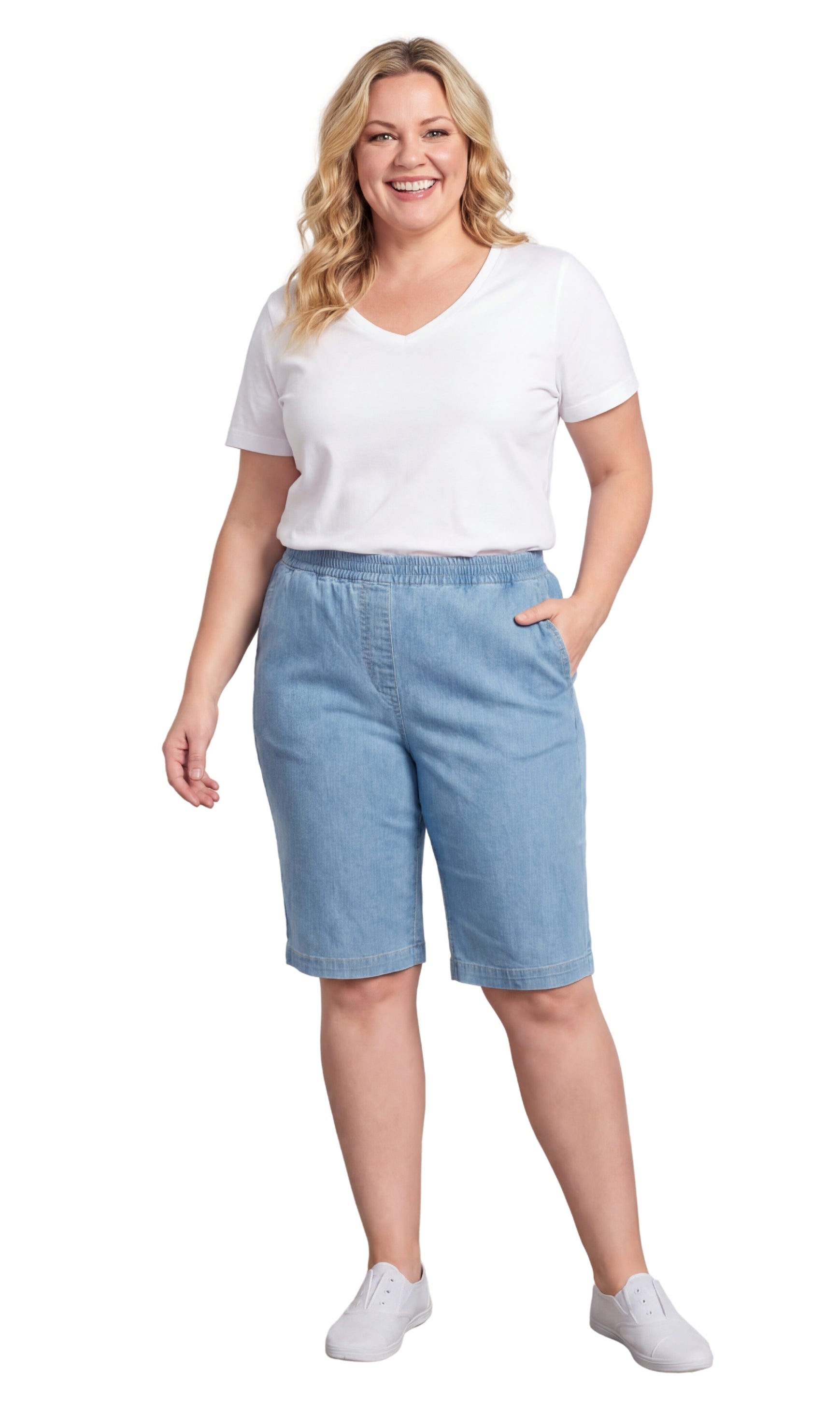 Turtle Bay New York Women's Easy Pull on Bermuda Shorts in Denim and Twill chambray full