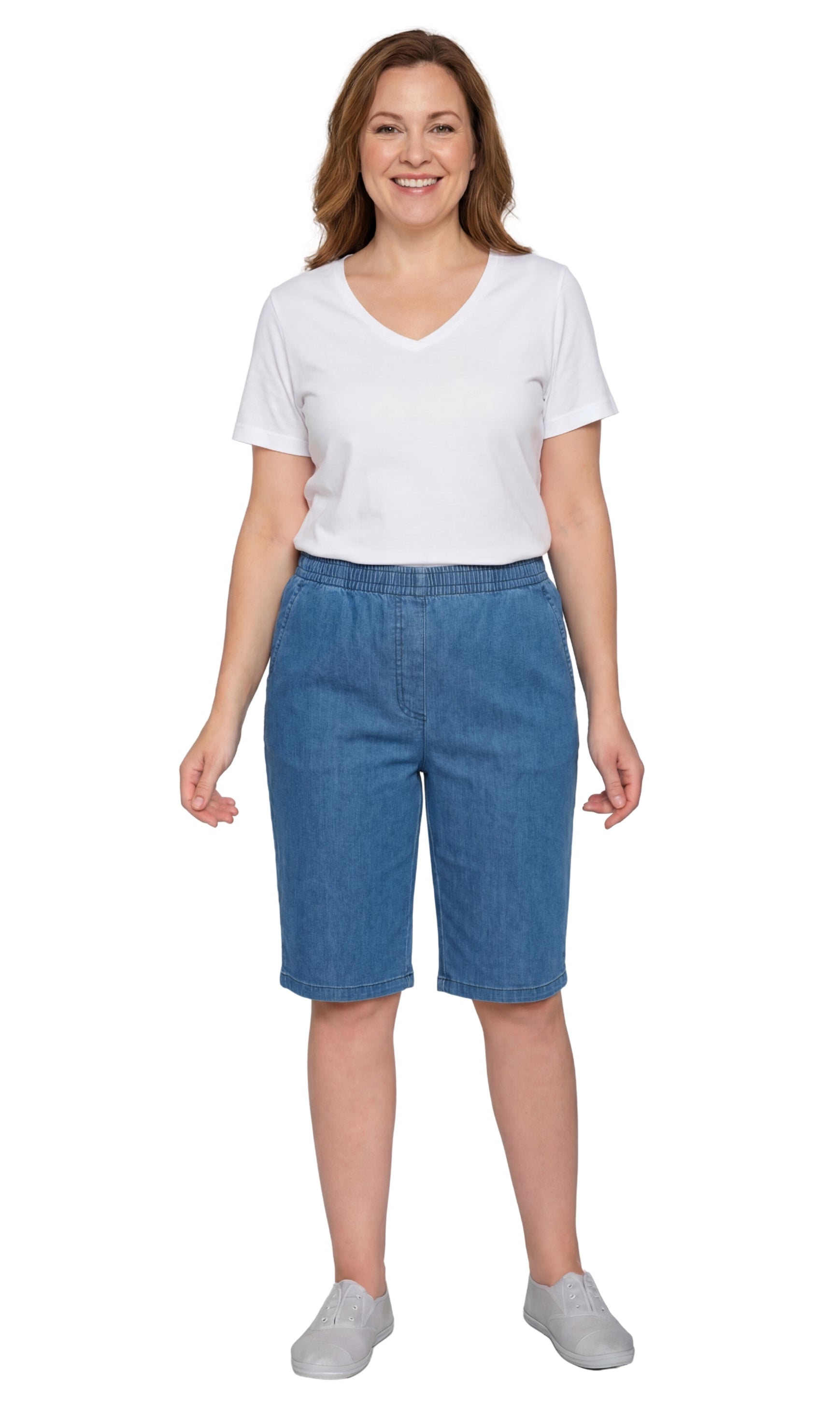 Turtle Bay New York Women's Easy Pull on Bermuda Shorts in Denim and Twill med blue full