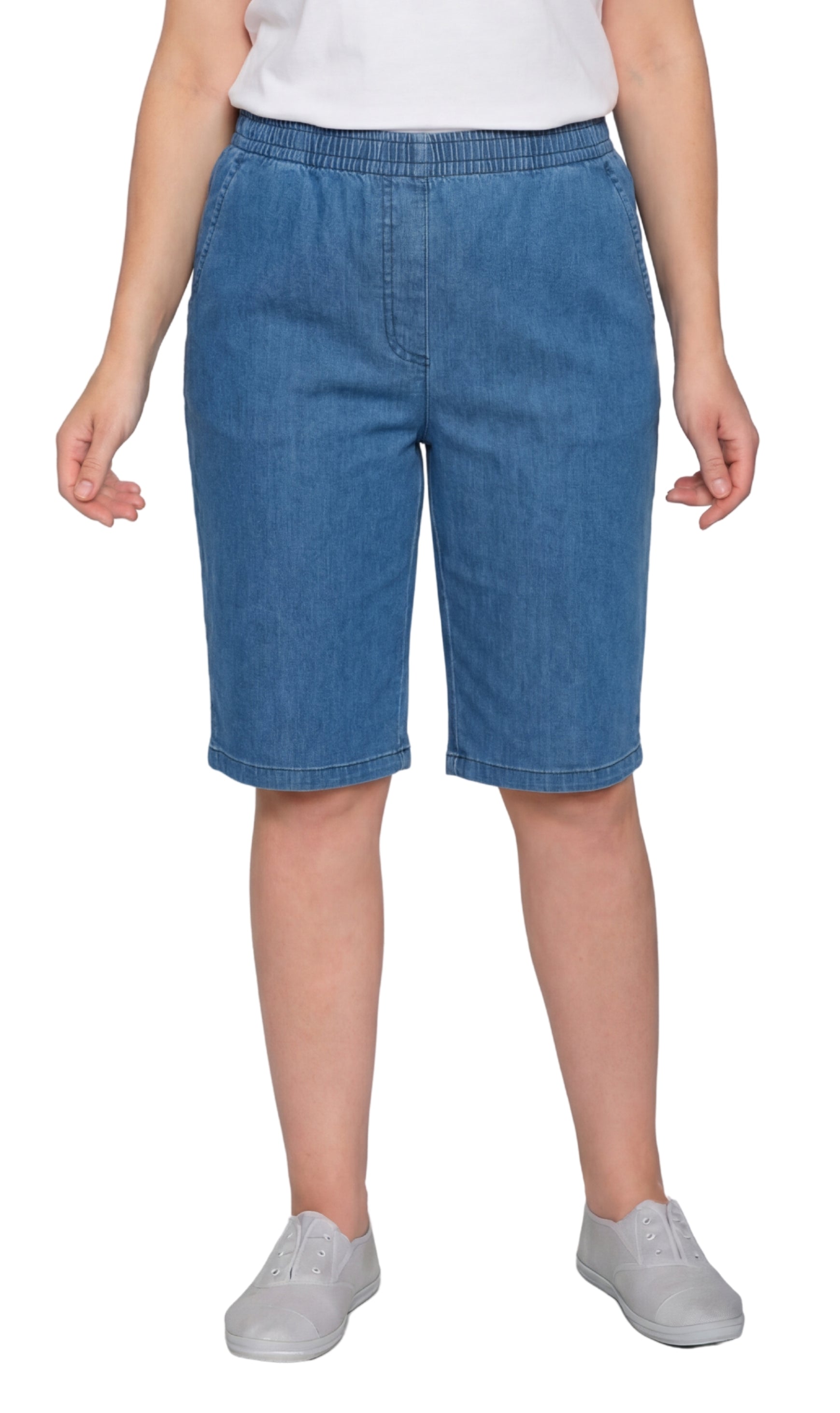 Turtle Bay New York Women's Easy Pull on Bermuda Shorts in Denim and Twill med blue Front