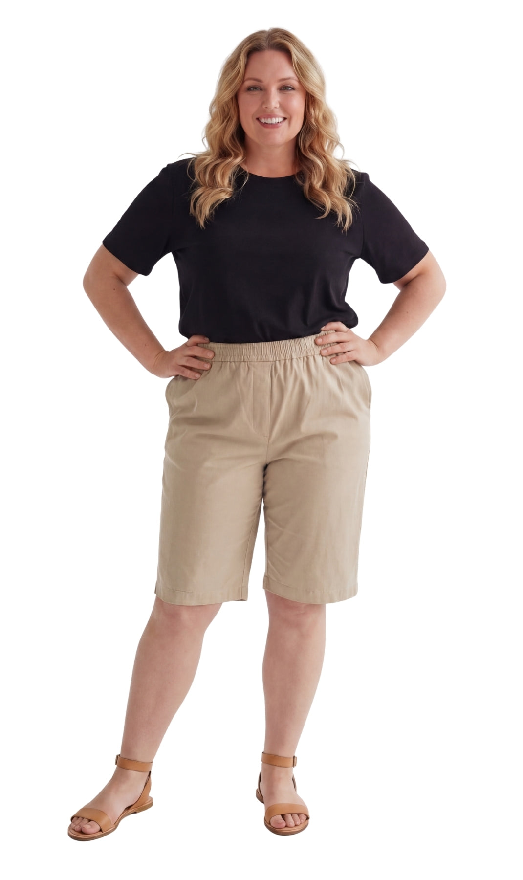 Turtle Bay New York Women's Easy Pull on Bermuda Shorts in Denim and Twill stone full