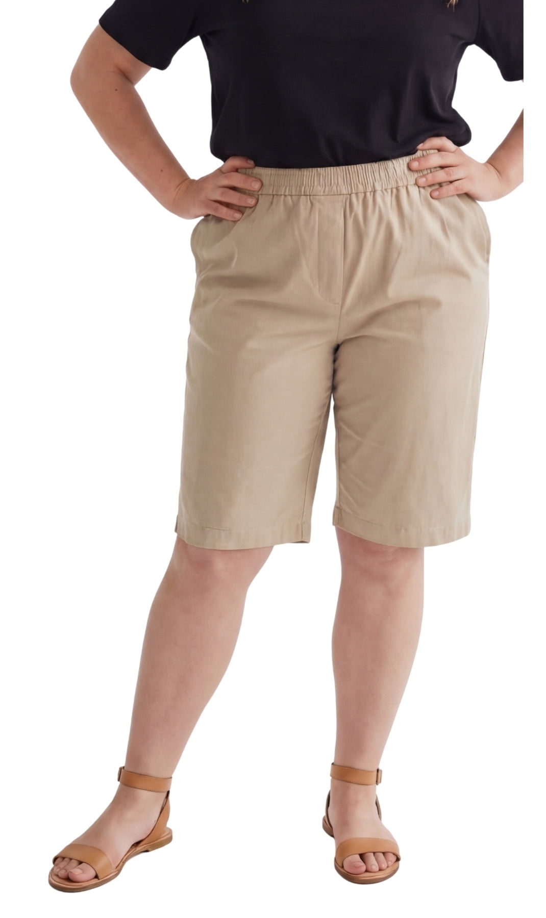 Turtle Bay New York Women's Easy Pull on Bermuda Shorts in Denim and Twill stone Front