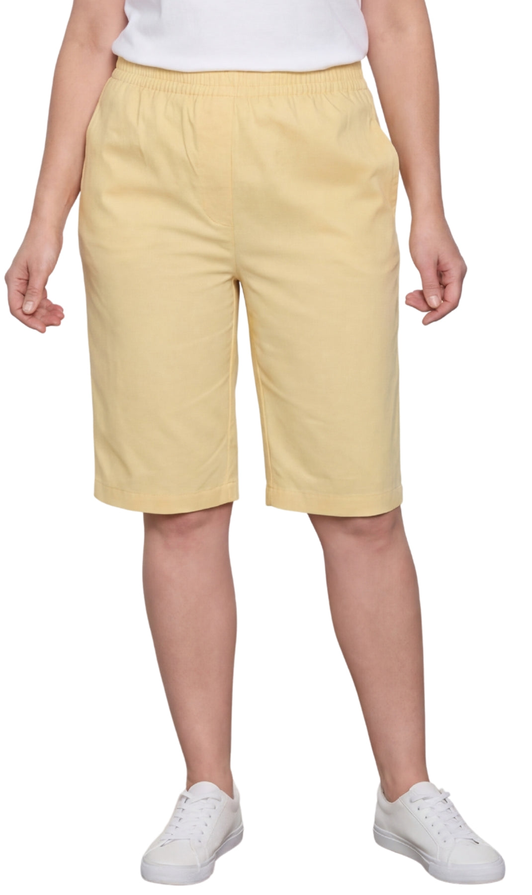 Turtle Bay New York Women's Easy Pull on Bermuda Shorts in Denim and Twill banana Front