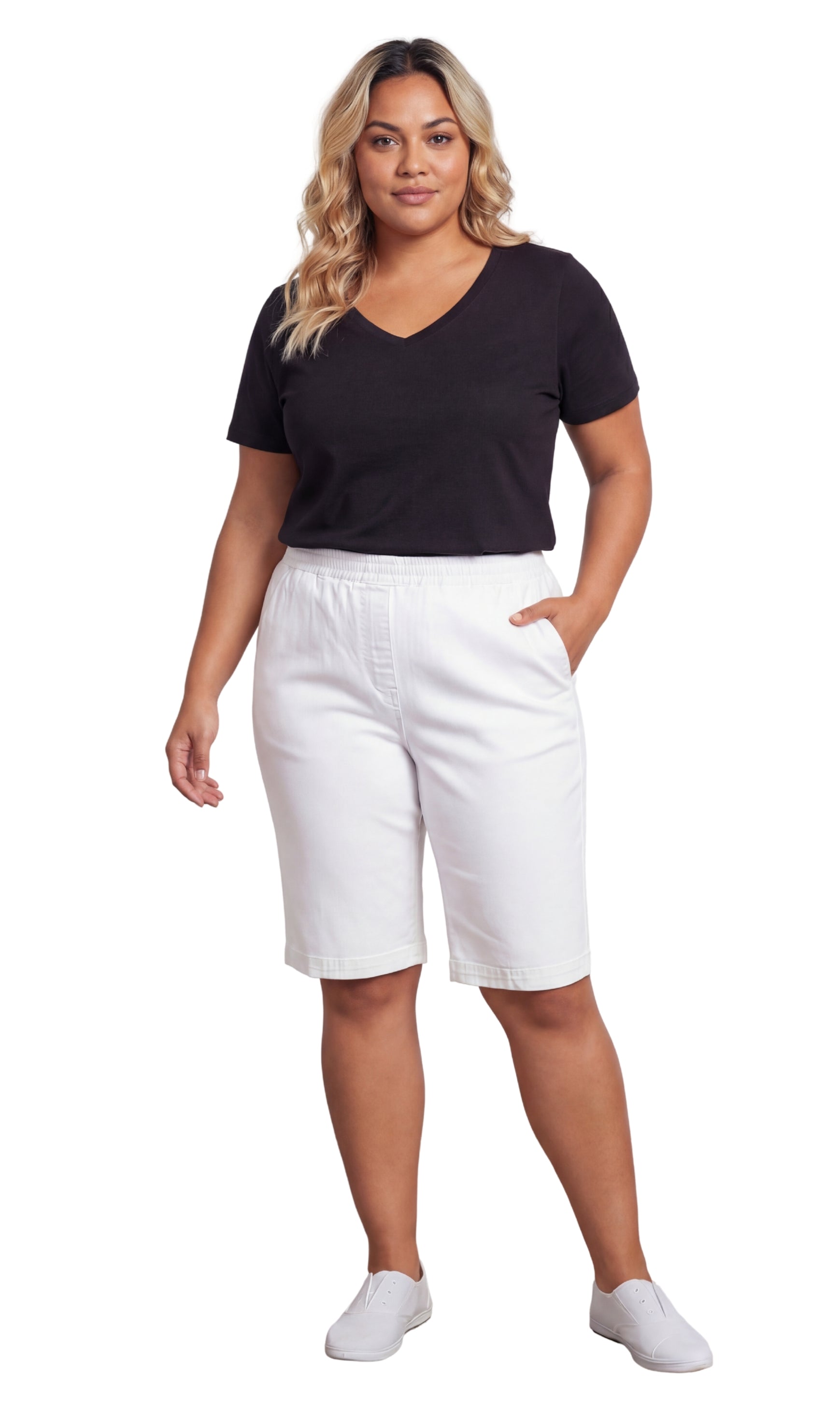 Turtle Bay New York Women's Easy Pull on Bermuda Shorts in Denim and Twill white Full
