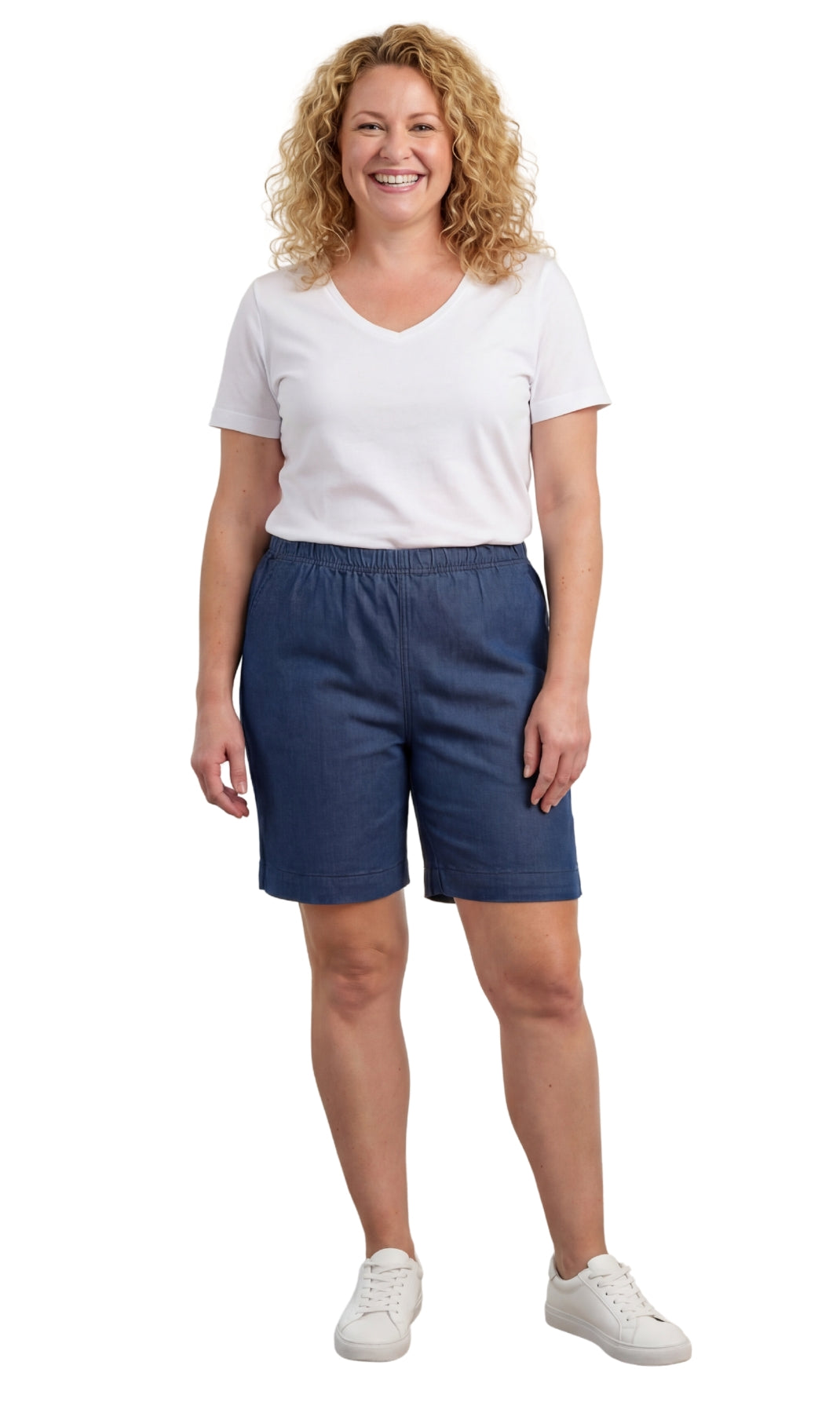 Turtle Bay Apparel Women's Pull On Denim & Twill Shorts with stretch waist – Indigo Full Length View
