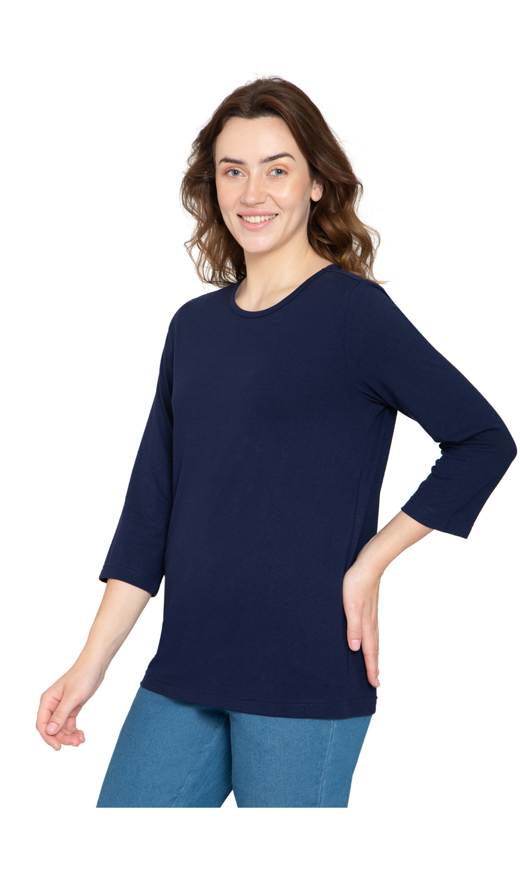 Women's 3/4 Sleeve Crew Neck Top - Comfortable Jersey Knit to Dress Up or Down - Navy - Side-  TURTLE BAY APPAREL