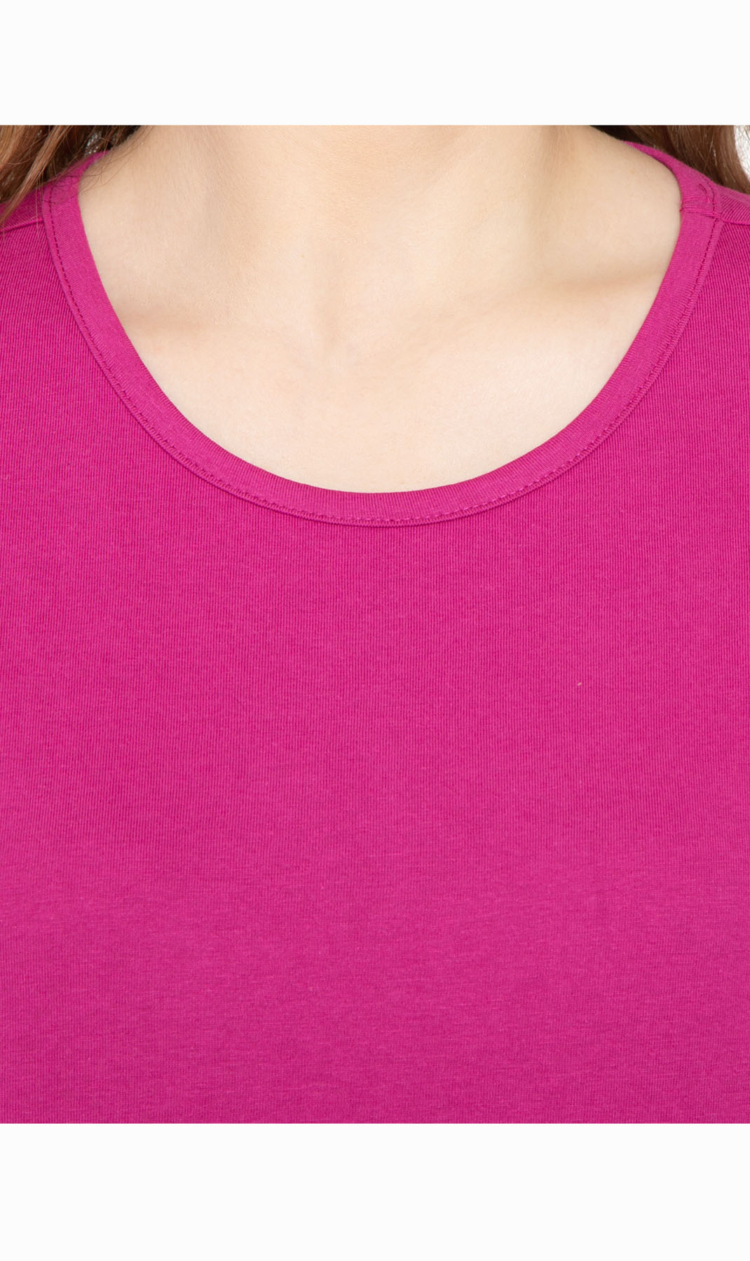 Women's Short Sleeve Crew Neck Knit Tee - Deep Orchid- Closeup- TURTLE BAY APPAREL