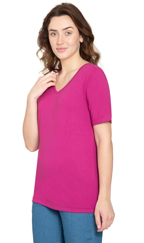 Women's V Neck Knit Tee– Hits at the Hip for Longer Coverage and a Sleeker Fit - Deep Orchid- Side - TURTLE BAY APPAREL