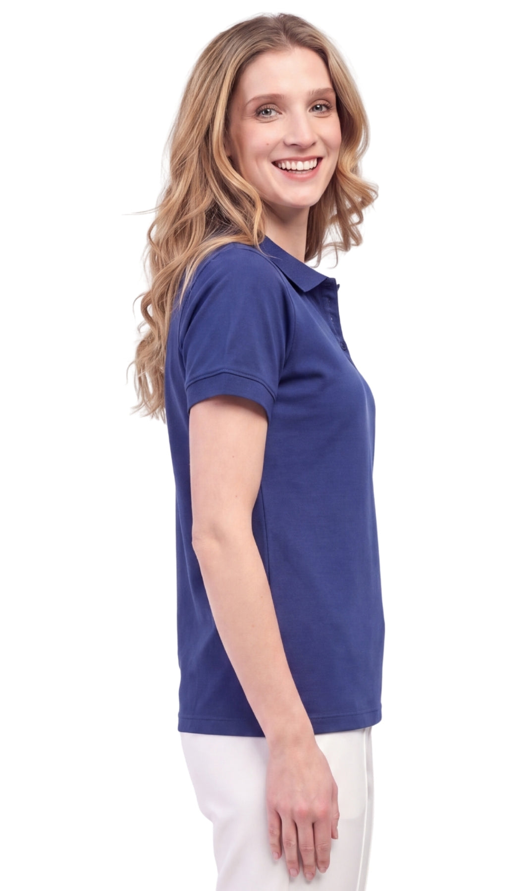Turtle Bay Apparel Women's Short Sleeve Pique Knit Polo Shirt in Relaxed Fit – Navy Side View