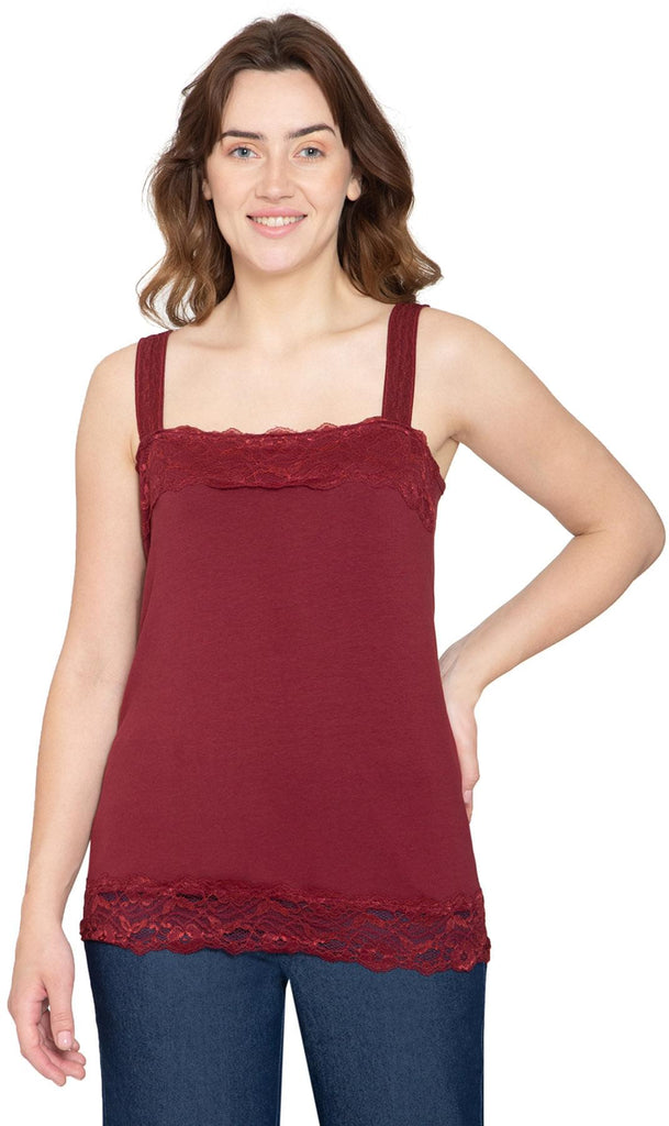 Women's Lace Trim Tank - BURGUNDY - Front -  TURTLE BAY APPAREL