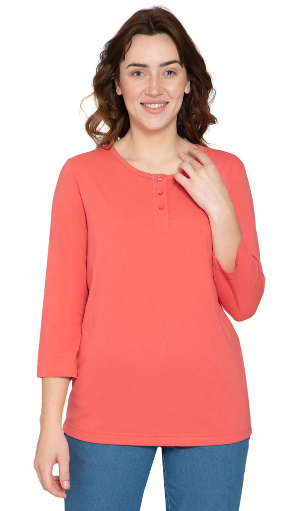 Women's Three Quarter Sleeve Henley ÔÇô Comfort in Every Color! - Coral - Front - TURTLE BAY APPAREL
