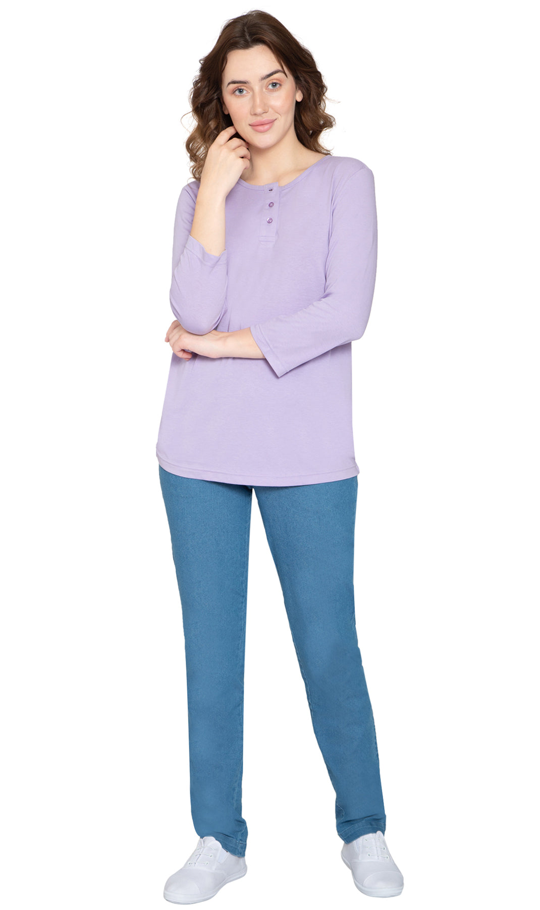 Women's Three Quarter Sleeve Henley ÔÇô Comfort in Every Color! - Lavender - Full - TURTLE BAY APPAREL