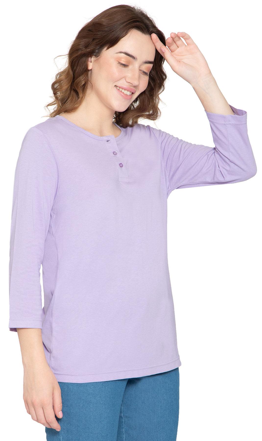 Women's Three Quarter Sleeve Henley ÔÇô Comfort in Every Color! - Lavender - Front -  TURTLE BAY APPAREL