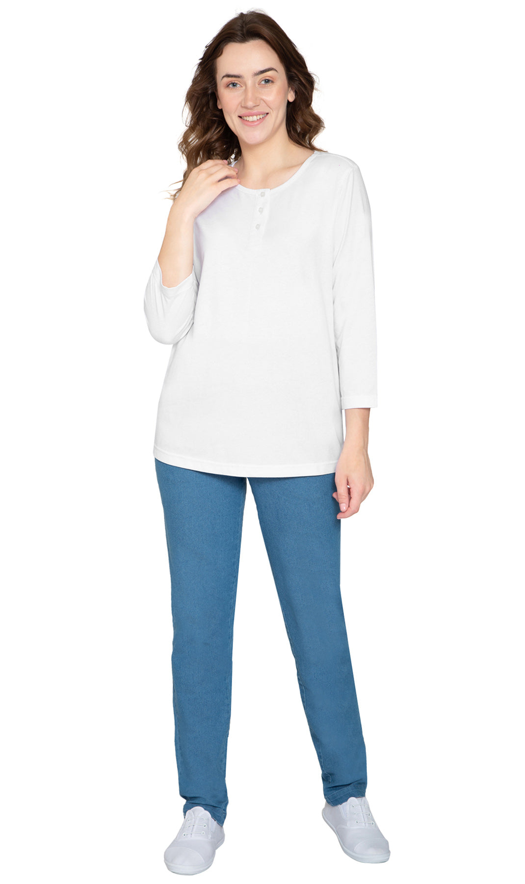 Women's Three Quarter Sleeve Henley ÔÇô Comfort in Every Color! - White- Full - TURTLE BAY APPAREL