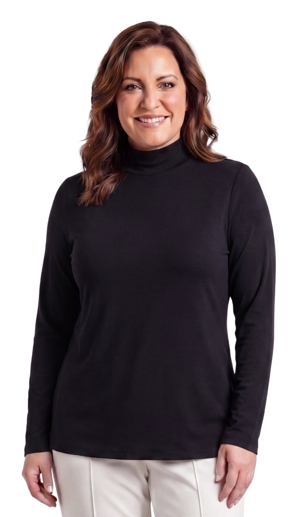 Turtle Bay New York Women's Long Sleeve Cotton Blend Mock Neck Top - An All-Season Essential black Front