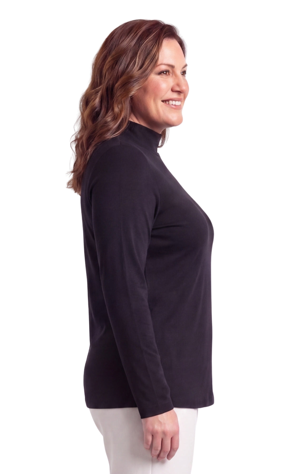 Turtle Bay New York Women's Long Sleeve Cotton Blend Mock Neck Top - An All-Season Essential black side