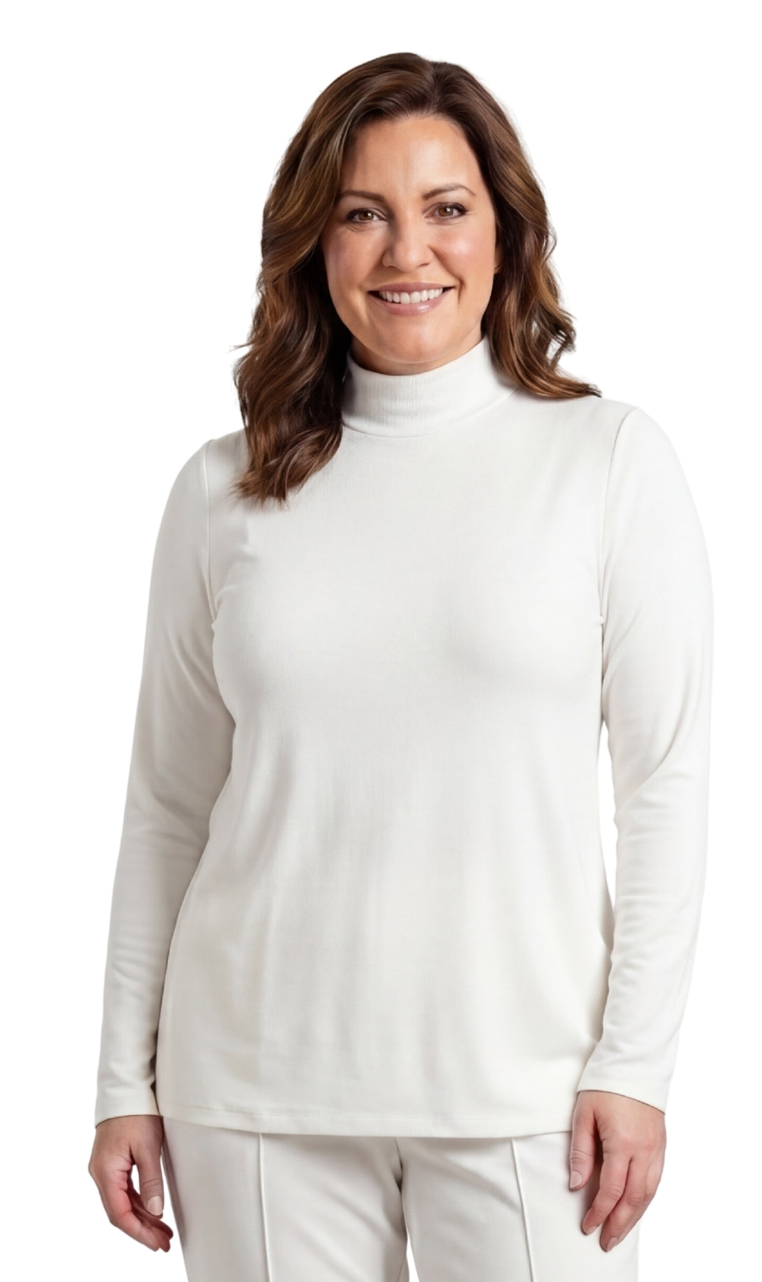 Turtle Bay New York Women's Long Sleeve Cotton Blend Mock Neck Top - An All-Season Essential White Front