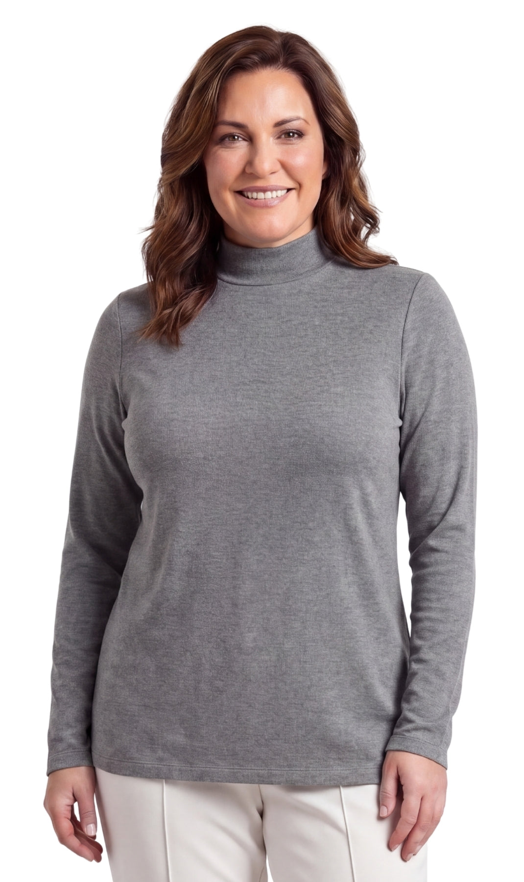 Turtle Bay New York Women's Long Sleeve Cotton Blend Mock Neck Top - An All-Season Essential grey Front