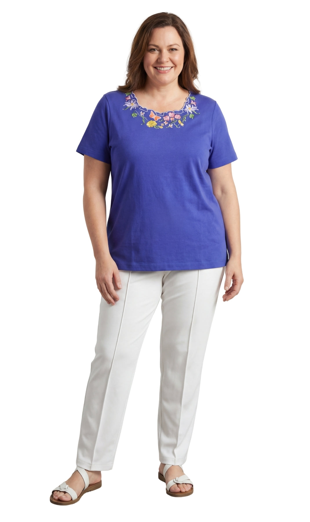 Turtle Bay New York Women's Scalloped Neckline Embellished Tee sappire full