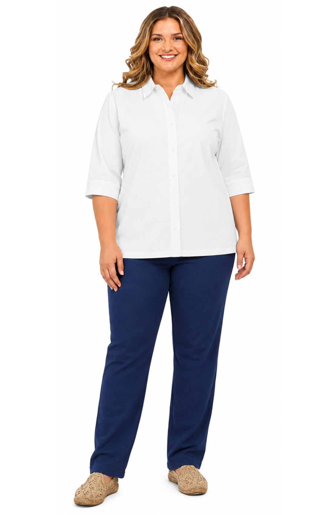 Woman wearing a white shirt and blue pants on a white background