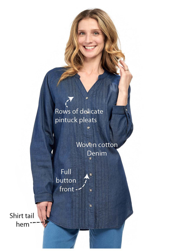 Women's Pintuck Denim Tunic – Denim Tunic Women's – Nonstop Charm from Collar to Hem