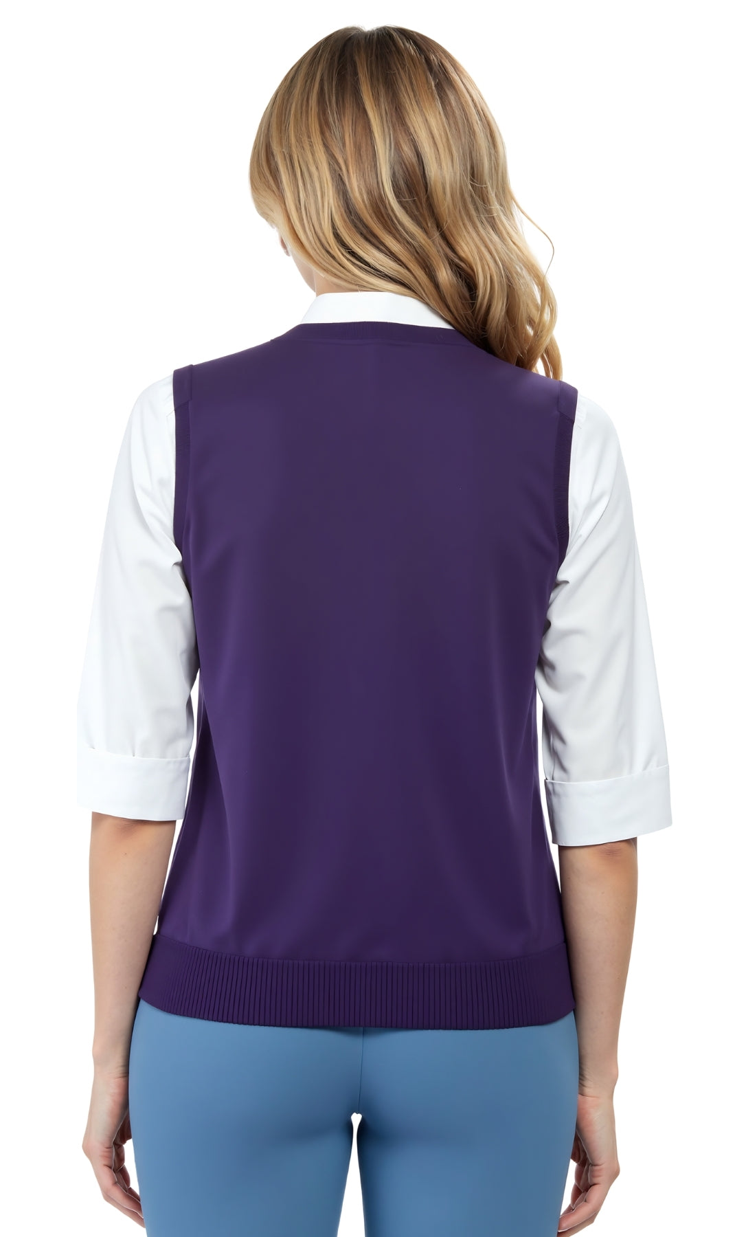 Person wearing a purple vest over a white shirt on a white background