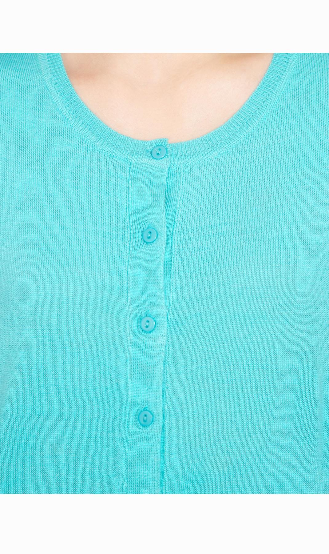 Women's Button Front Cardigan - Unique Elbow Cuff Adds Fifties Flair Bright Blue - close up -TURTLE BAY APPAREL