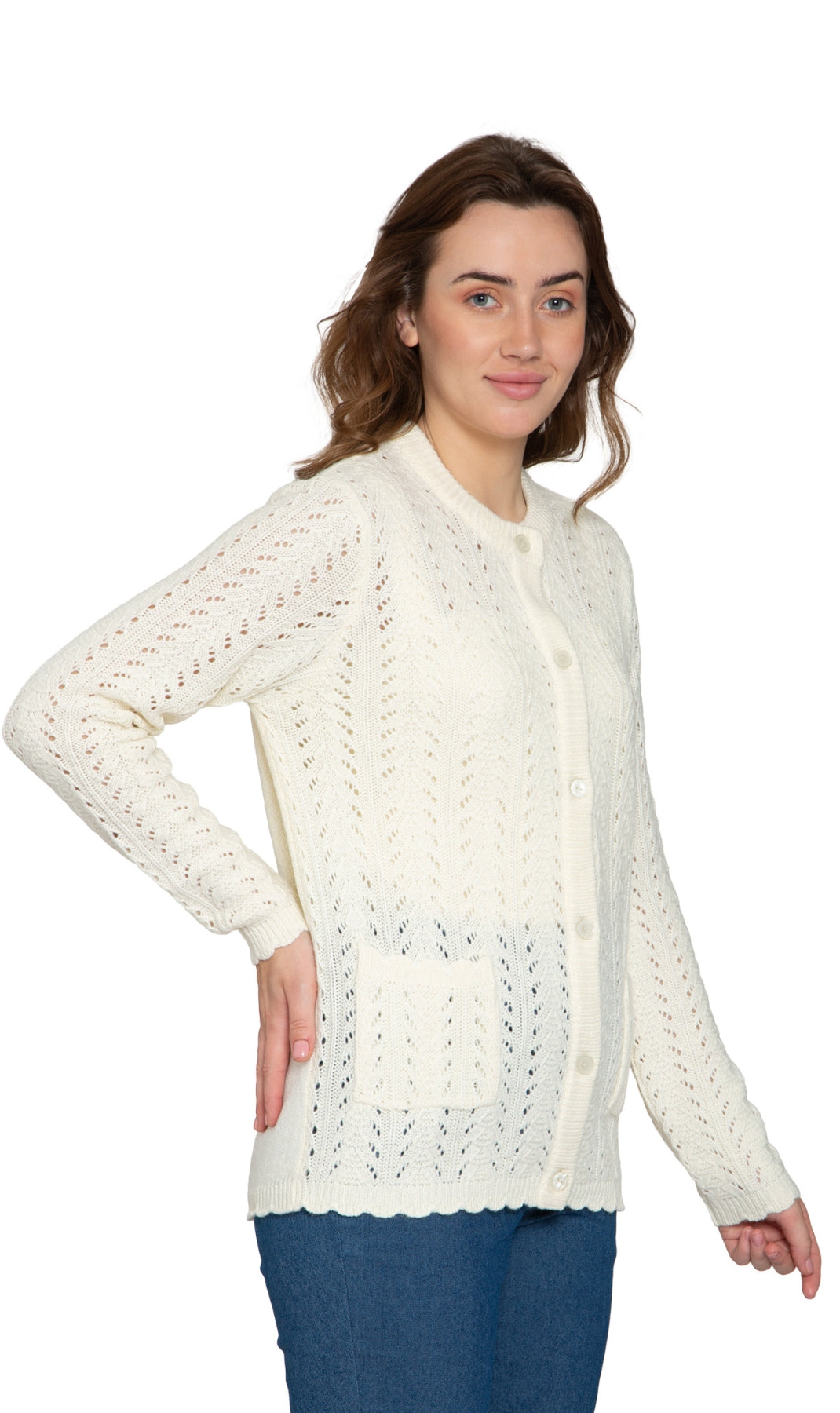 Women's Button Front Crochet Pointelle Cardigan with Pockets 3