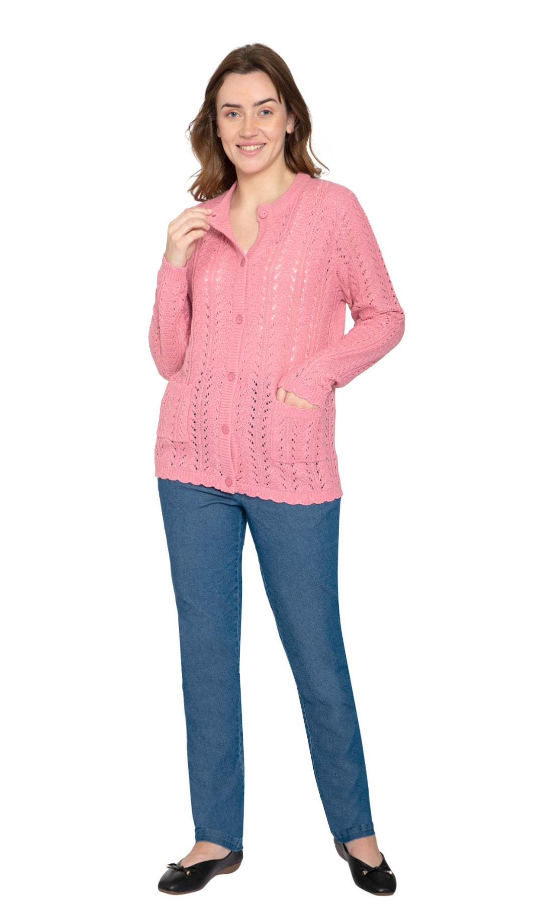 Women's Button Front Crochet Pointelle Cardigan with Pockets 17
