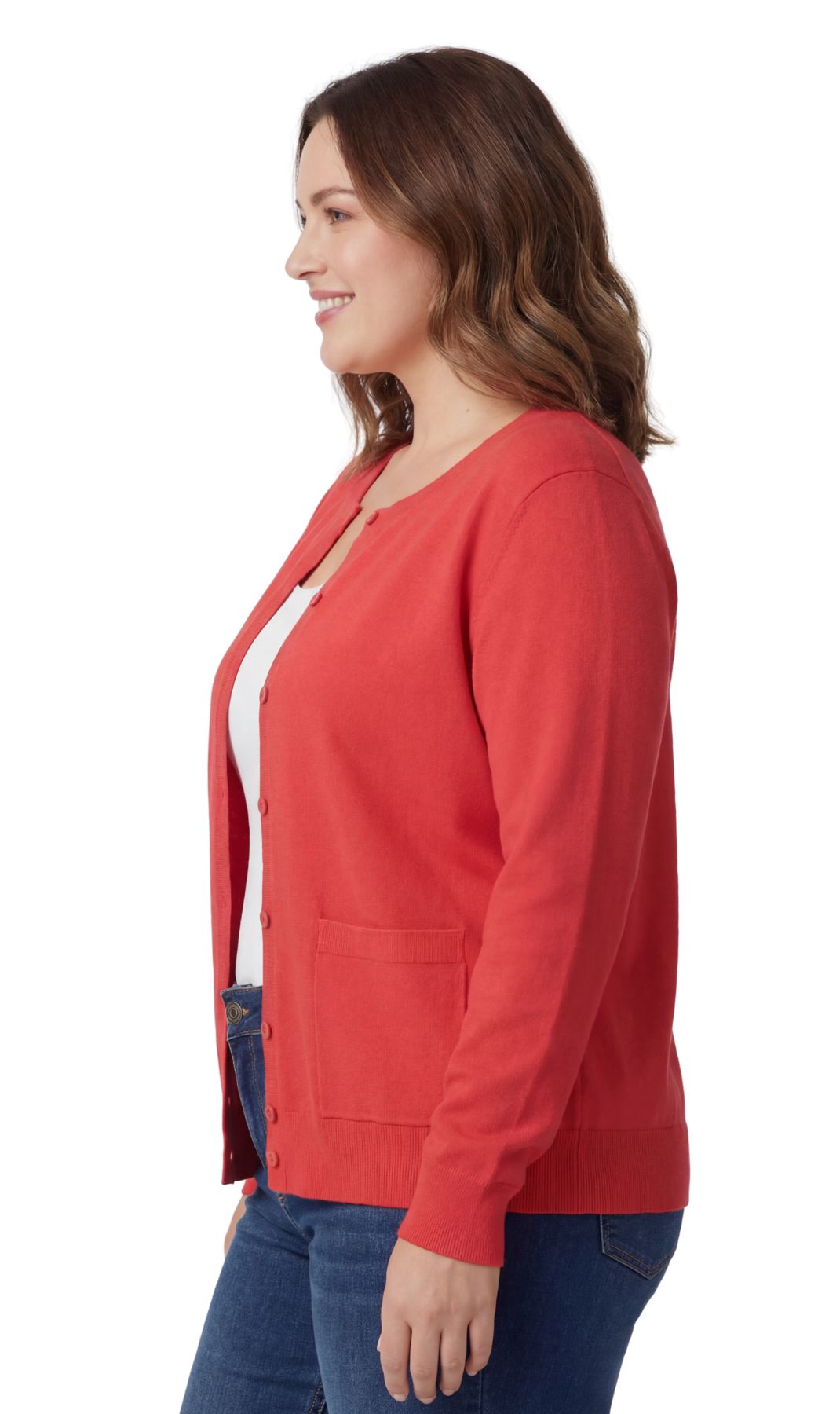 Turtle Bay New York Women's Soft Cotton Button-Up Cardigan Crewneck Sweater Long Sleeves with Front Pockets red side