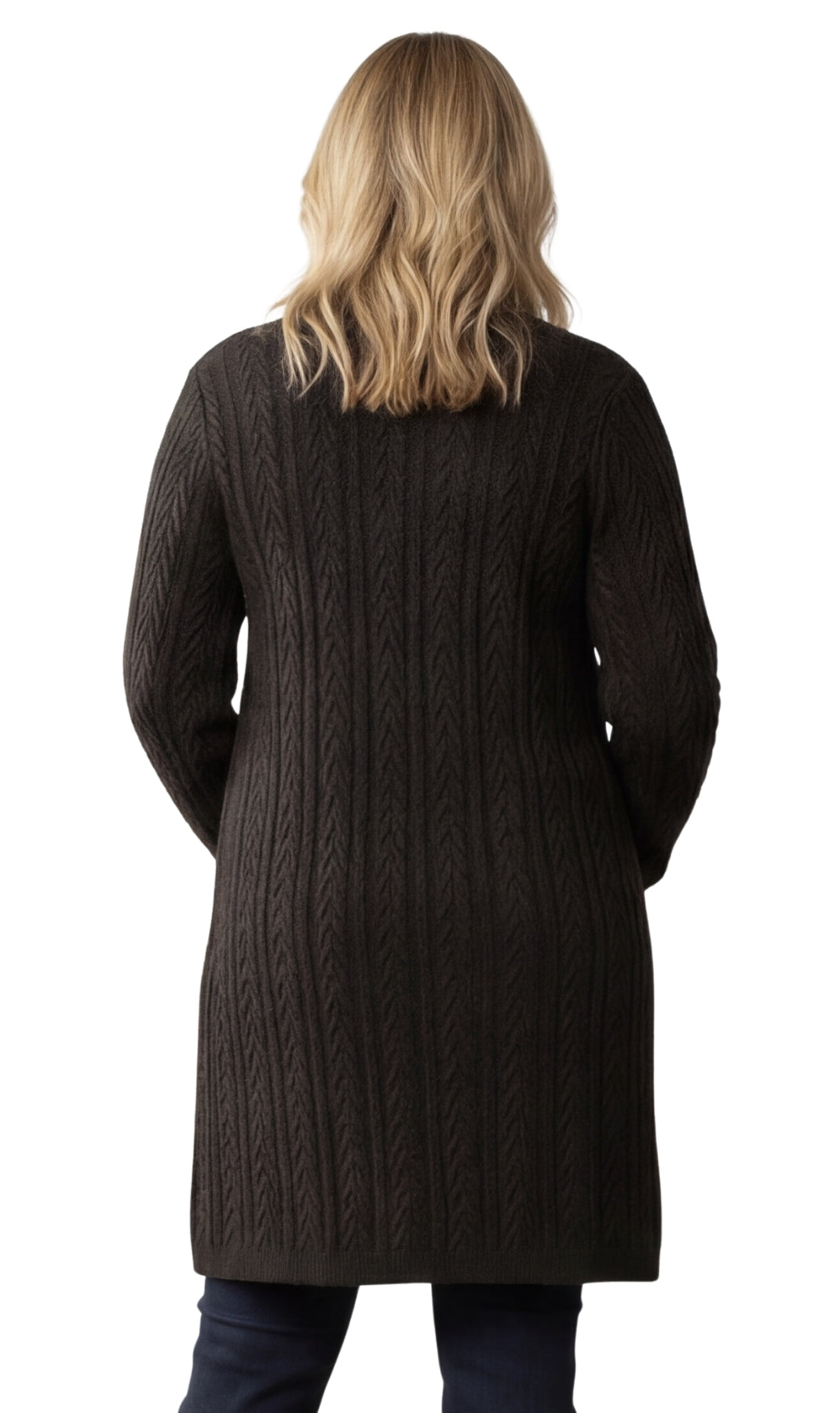 Turtle Bay New York Women's Cable Knit Duster Sweater with Pockets Effortless Longline Cardigan for Everyday Warmth black back