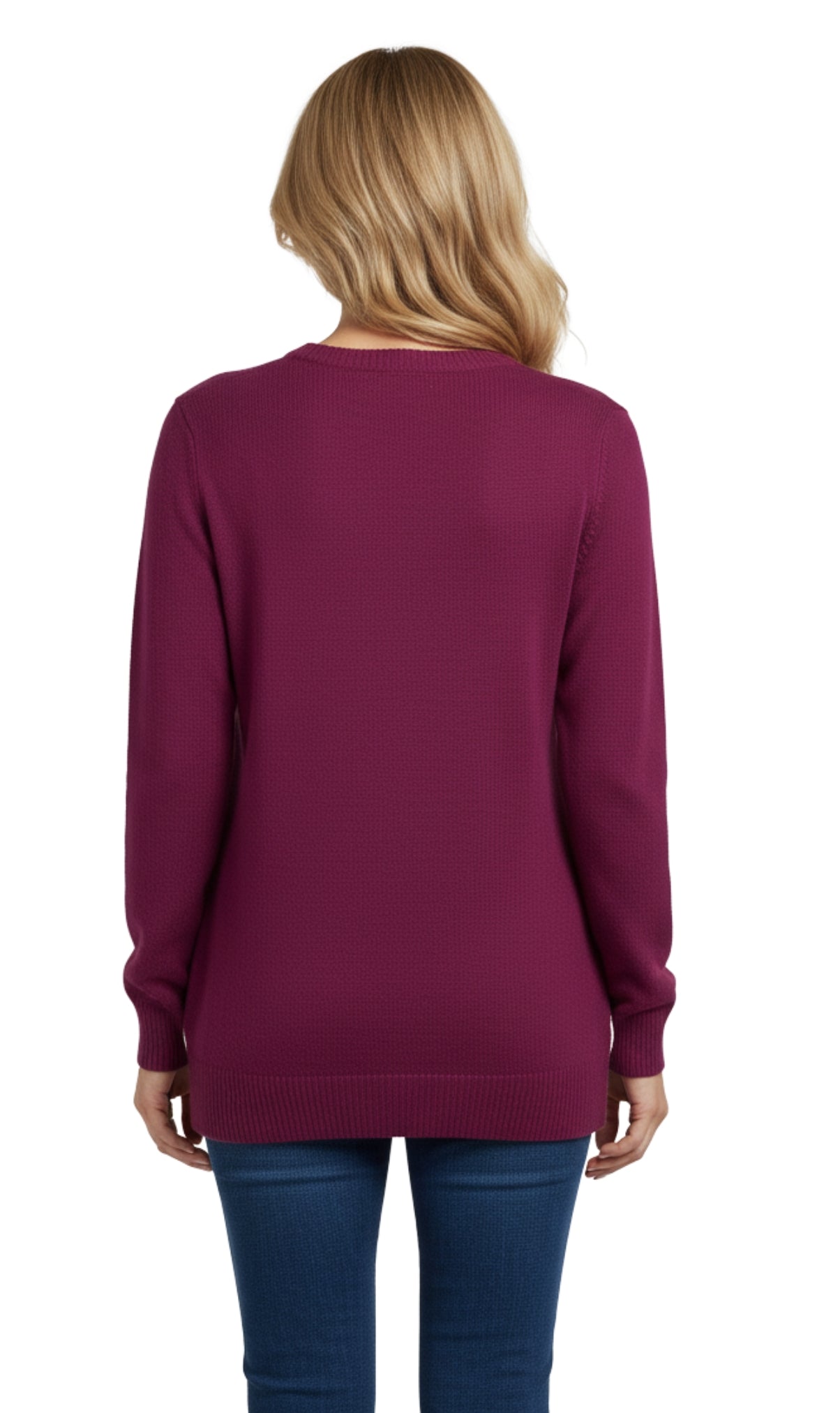 Turtle Bay New York Women's Cozy Long Sleeves Snowflake-Decorated Color Block Holiday Crewneck Sweater - Classy Christmas Pullover in 100% Soft Durable Acrylic plum back