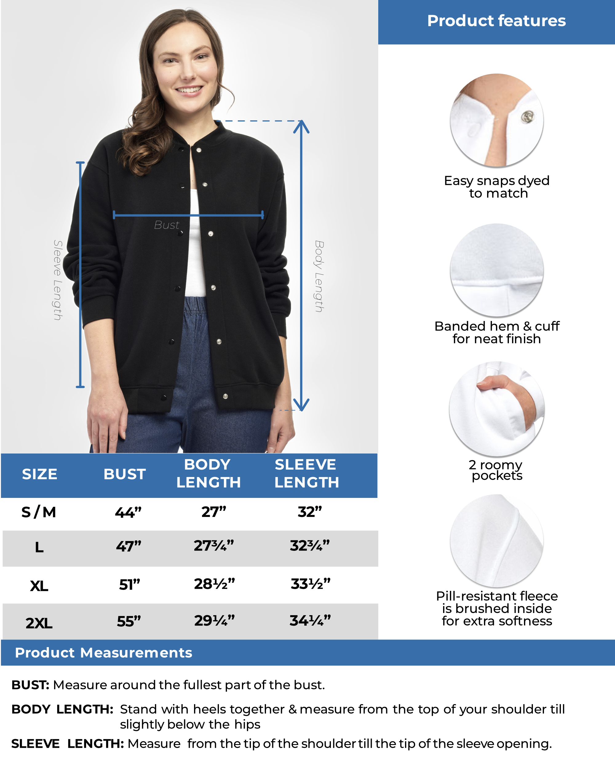 Turtle Bay New York Womens Snap Up Jacket - Soft, Fleecy Lining for Three-Season Comfort info