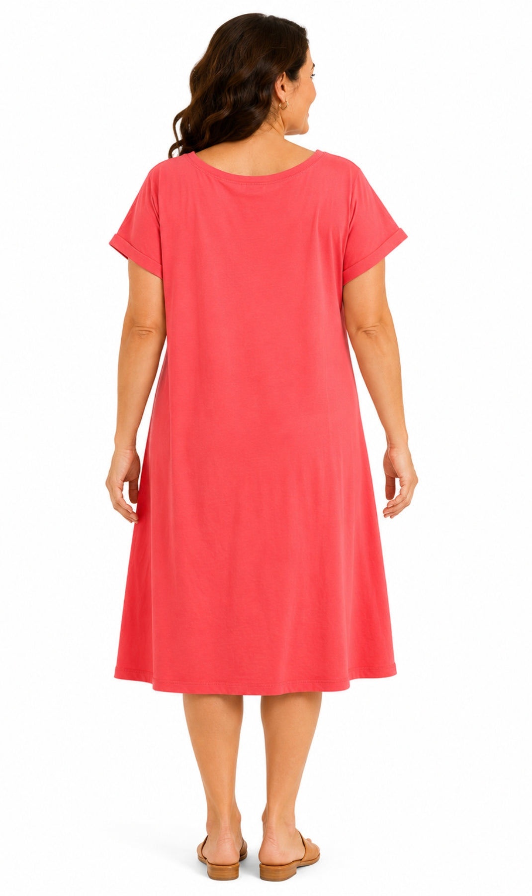 Women's Short Sleeve A-Line Knit Dress — Scoop Neck Asymmetrical Hem 8