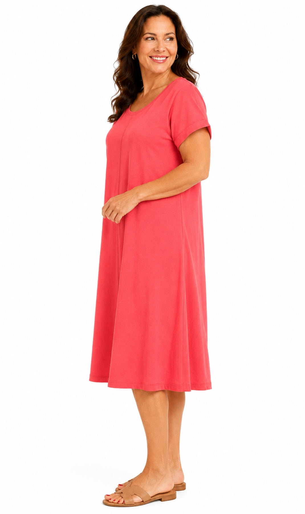 Women's Short Sleeve A-Line Knit Dress — Scoop Neck Asymmetrical Hem 9