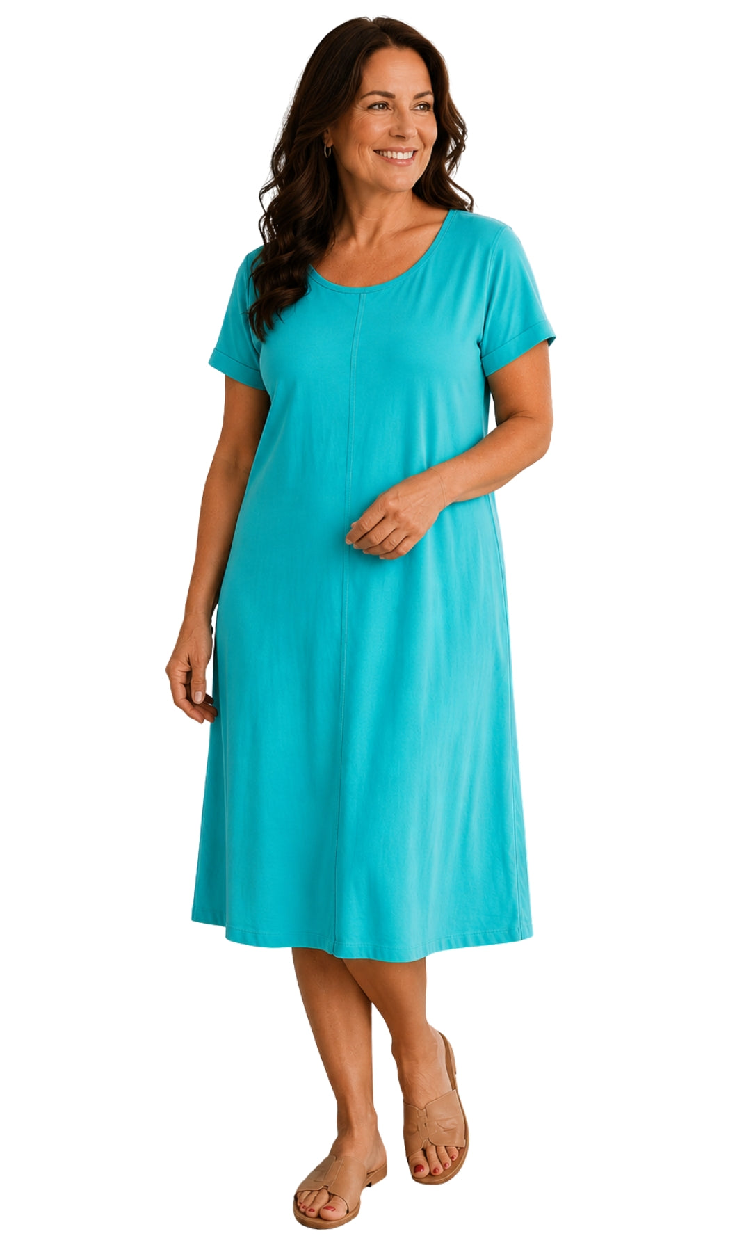 Women's Short Sleeve A-Line Knit Dress — Scoop Neck Asymmetrical Hem 4
